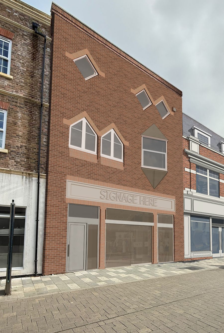 Visualisation of the proposed brick front elevation on a pedestrianised High Street, with a shopfront and signage zone at ground floor and apartments above.