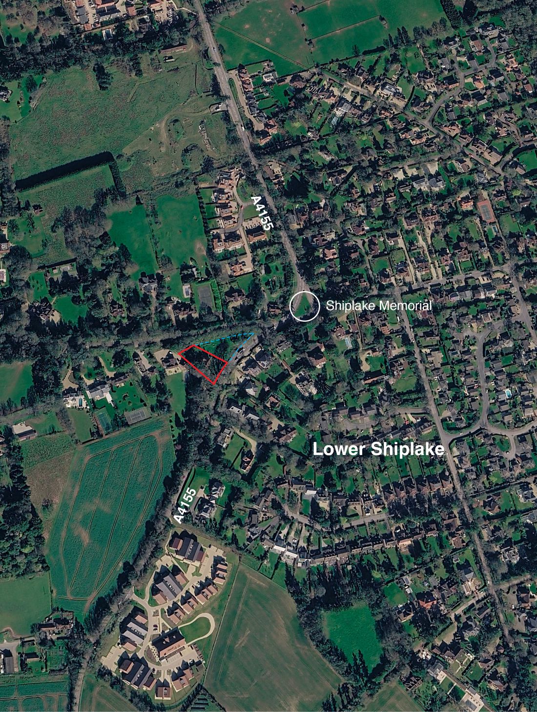 Aerial view of Lower Shiplake with the application site outlined in red beside the A4155.