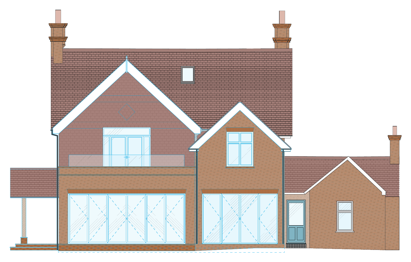 Proposed rear elevation: a large gable with a glazed balcony above full-height bi-fold glazing, and a smaller secondary gable beside it.