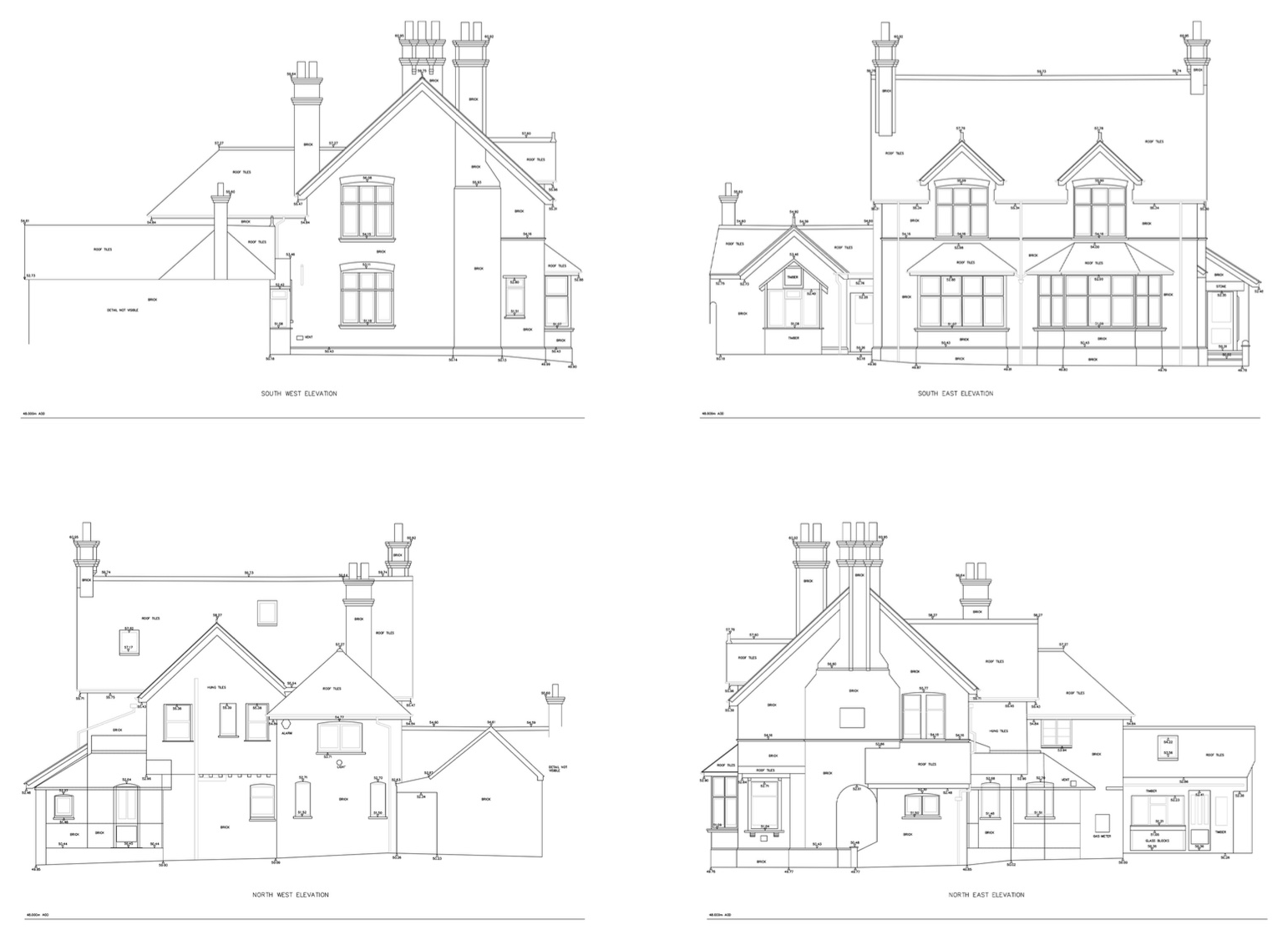 Four line drawings of the existing house from the survey: the south west, south east, north west and north east elevations.