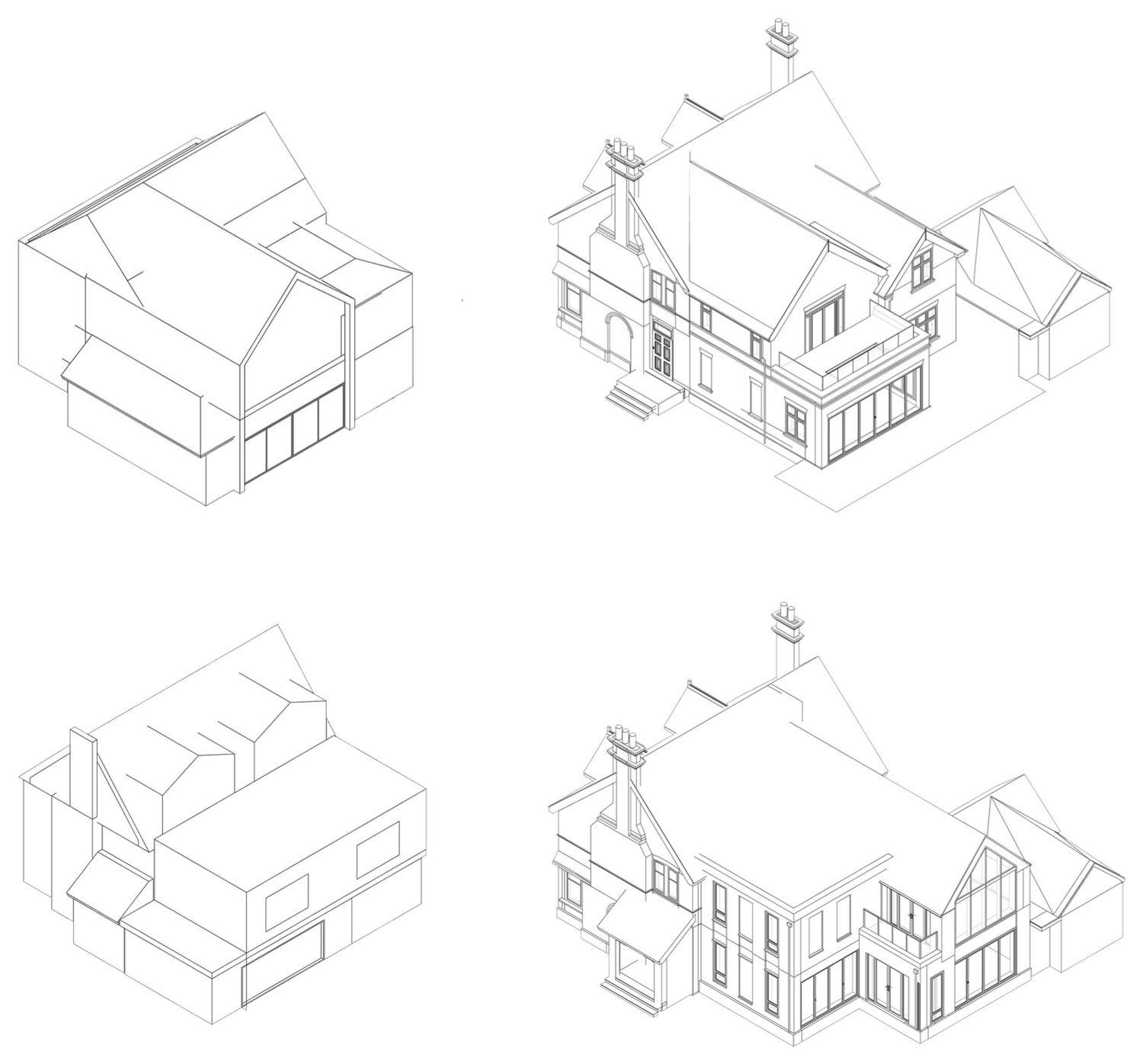 Four axonometric line drawings of the house showing early massing options on the left and the developed proposal on the right.