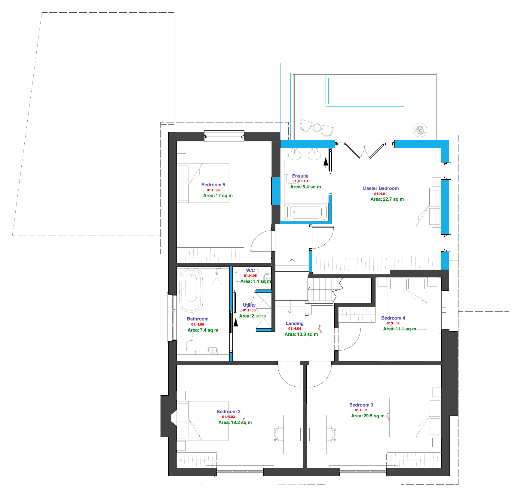 Proposed first floor plan with room areas.