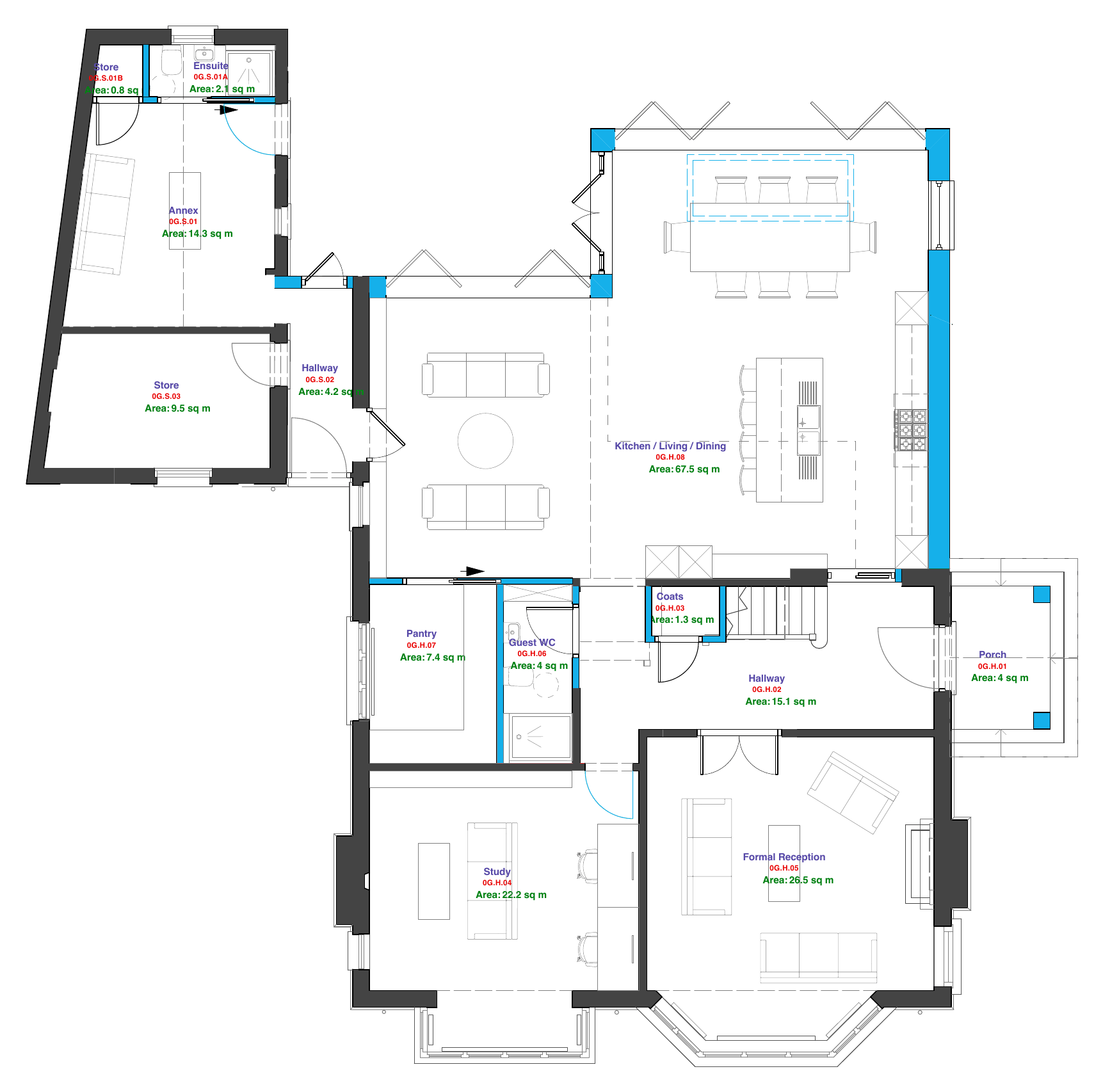 Proposed ground floor plan with room areas.