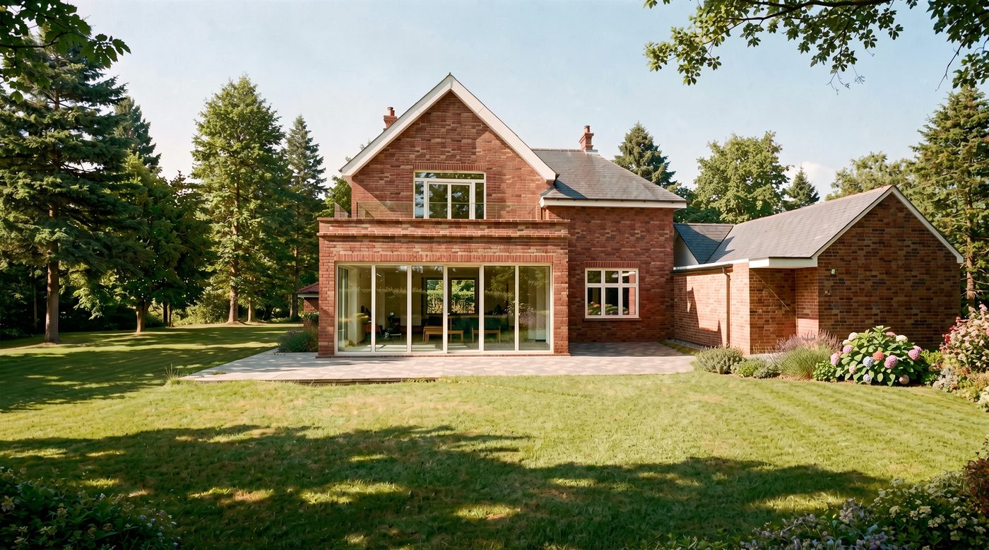 Visualisation of the proposed rear elevation: a red-brick house with a large new gable, a glazed balcony and full-height glazing opening onto a lawn framed by tall trees.